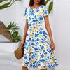 Women's Casual Fashion Round Neck Pleated Short Sleeve Floral Print A-Line Midi Dress
