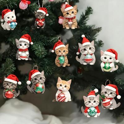 12 шт. Деревянные Рождественские украшения в виде кошек, 2D плоский дизайн, Декор для праздничной вечеринки, Элегантные таблички, Праздничный домашний декор