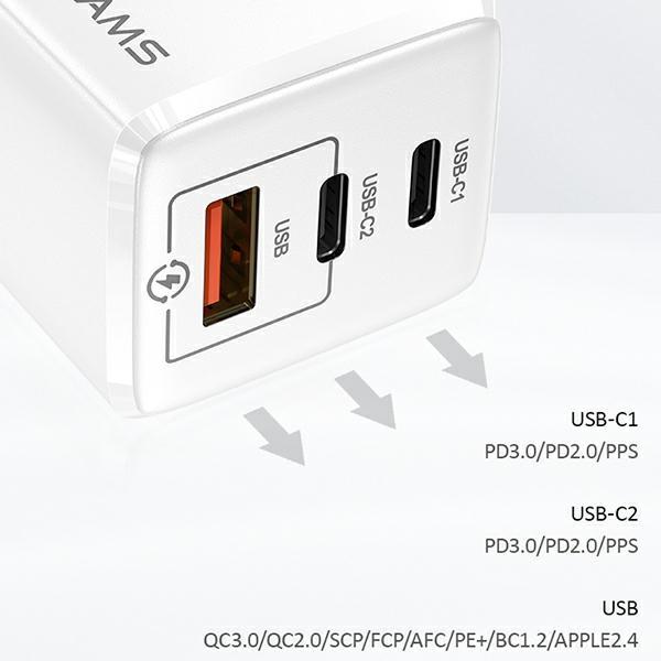 USAMS Network Charger MT 2xUSB-C+USB GaN 65WT33 PD (only head) Fast Charging white CC110TC02 (US-CC110)
