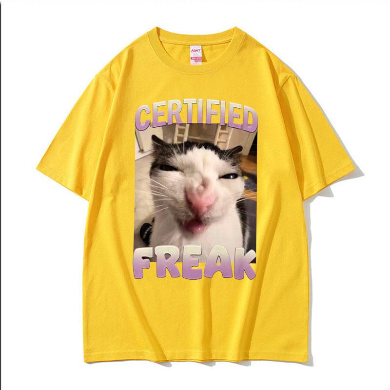 2025 Summer Certified Freak Cat Meme T Shirt Funny Hilarious Cats Expression Humor Men Women Fashion 100 Cotton Tshirt Y2k