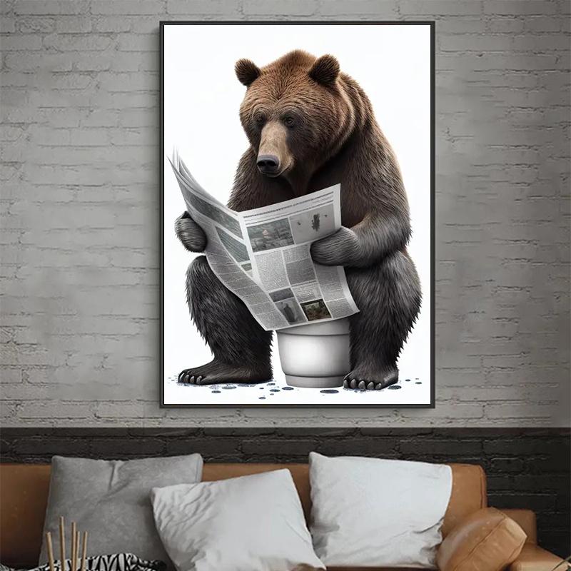 Смешная ванная комната юмористическое животное медведь собака тигр сидит на унитазе читает газету холст картины постеры и принты настенное искусство