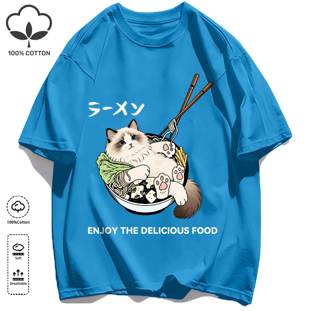 Cat Lying Down After Eating Too Much Print T-Shirt Unisex Summer Soft Loose Tee Cotton Retro Short Sleeve Unisex Fashion Clothing