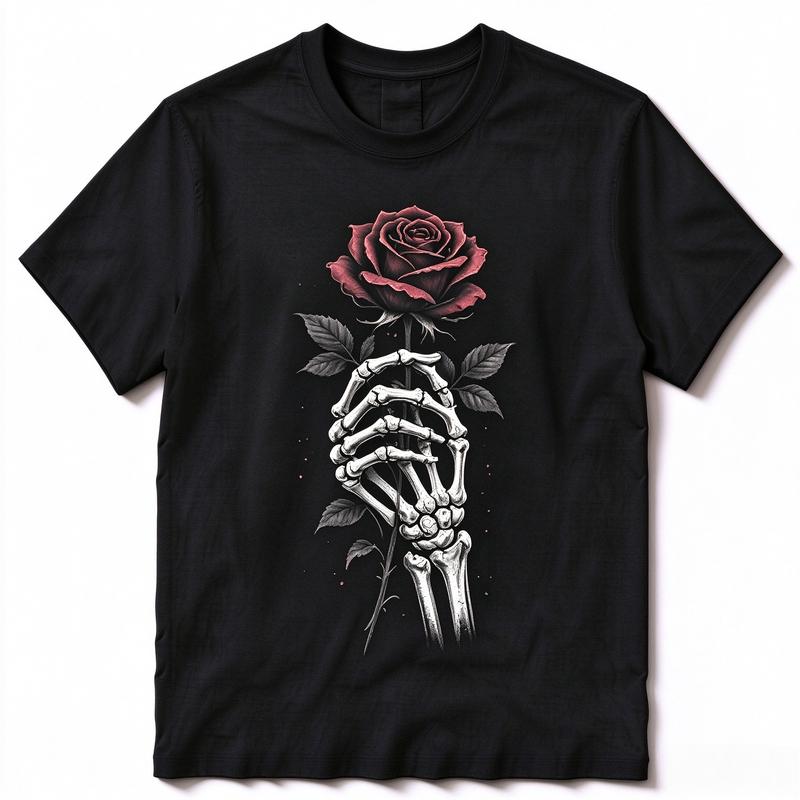 Dark Rounisextic Skeleton Hand Hold Rose Tshirt Gothic Art Tee Halloween Gift For Gothic Style Cotton Unisex Fashion Y2k Top