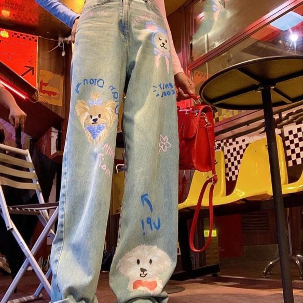 Прямые джинсовые брюки Ins Милые мультяшные ковбойские штаны Джинсы Харадзюку Женские Y2K Весна Осень