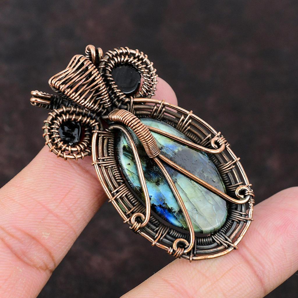 Подвеска из лабрадорита, черного цвета, подвеска от сглаза, медная проволока, обернутая в бижутерию, кулон ручной работы из настоящего драгоценного камня, медная подвеска в виде совы, подарок для нее