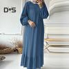 Women Robe Dress Crew Neck Long Puff Sleeves Pure Color Plus Size Patchwork Straight Pullover Casual Middle East Area Traditional Clothes Maxi Dress