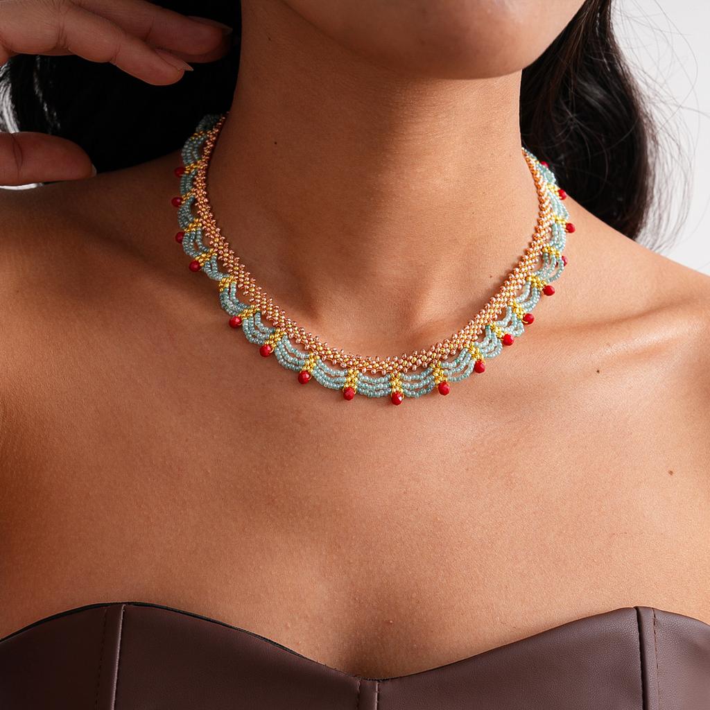 Нержавеющая Сталь Стеклянный Бисер Кружевная Бусина Круглая Бусина Средняя Антикварная Нишевая Премиум Ожерелье