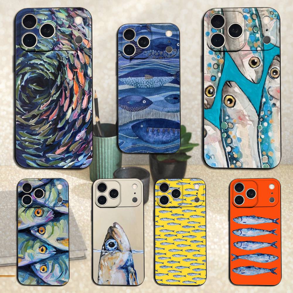 Чехол-кейс 'Сардины Океан' для iPhone 11,12,15,14,13,16,17,Plus,Pro Max,XS,X,XR,SE,Mini,8,7,Мягкий Силикон Черный