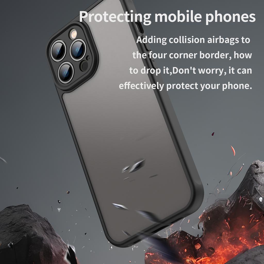 For iPhone 13 Pro Max Case Drop Proof Airbags Frosted Translucent PC+TPU Phone Back Cover