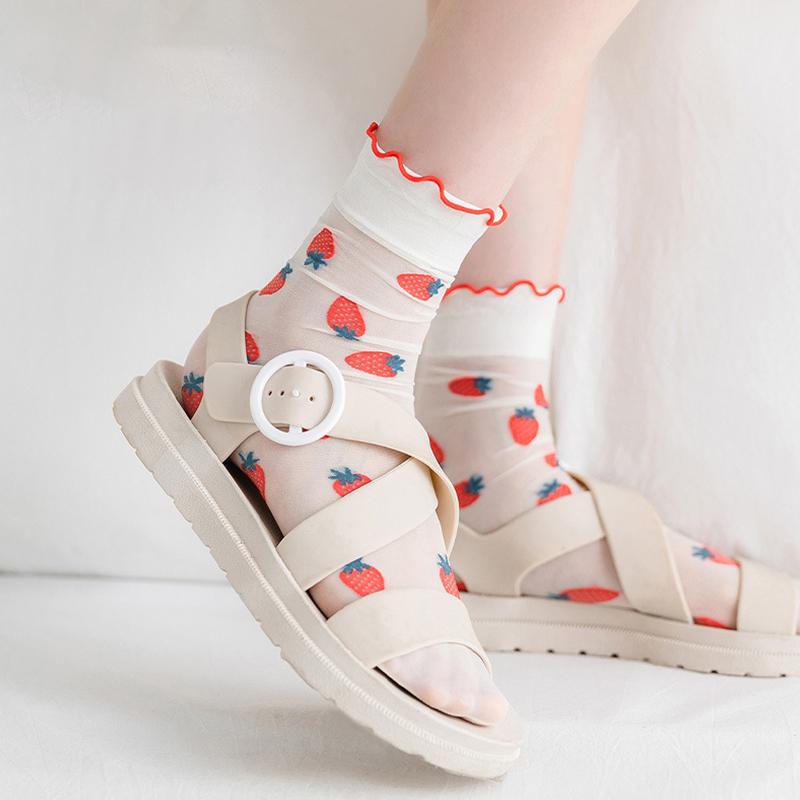 Женские милые сетчатые носки с оборками, шелковые носки с милым фруктовым узором, прозрачные, тонкие, модные, забавные