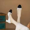 French Shallow Single Shoes Women's 2025 Summer and Autumn New White Splicing Square Middle Heel Beautiful Versatile Outer Wear Mary Jane Shoes