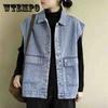Женская весенне-летняя ретро-литература и искусство, большой размер, свободный универсальный повседневный жилет, однобортная тонкая джинсовая куртка без рукавов, пальто