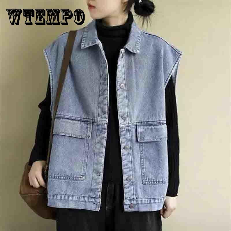 Женская весенне-летняя ретро-литература и искусство, большой размер, свободный универсальный повседневный жилет, однобортная тонкая джинсовая куртка без рукавов, пальто