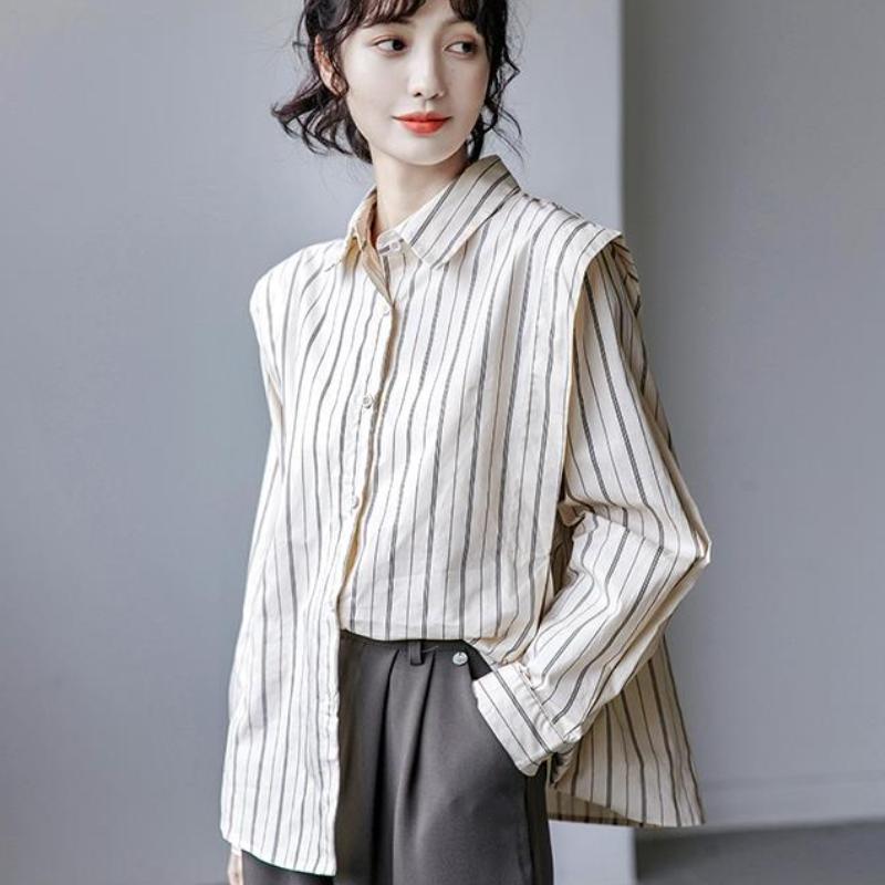 Весенне-осенняя женская рубашка с длинным рукавом и вертикальными полосками, небольшой модный топ