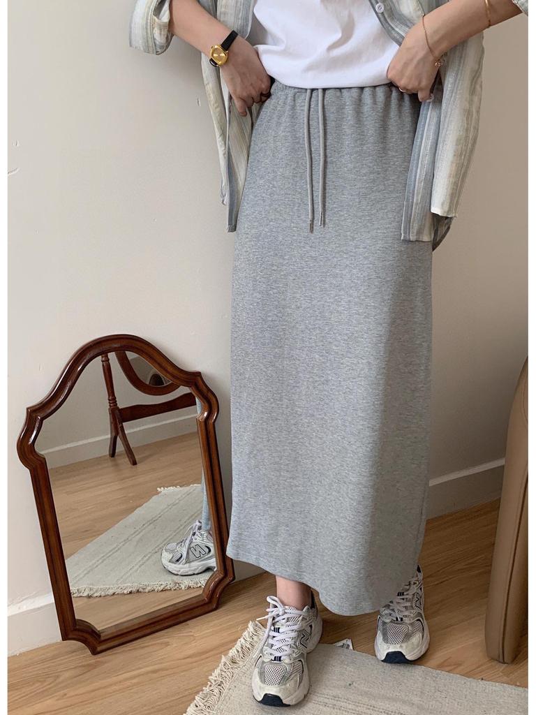 Женская юбка с высокой талией и шнуровкой: Новый стиль весна/осень, повседневное платье А-силуэта с драпировкой, средней длины с разрезом на бедрах.