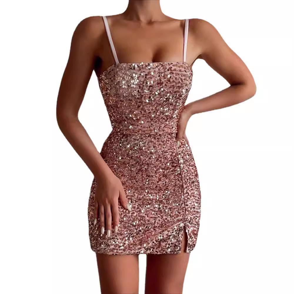 2025 New Suspender Sexy Hip Wrap Sequined Slim Dress Dress