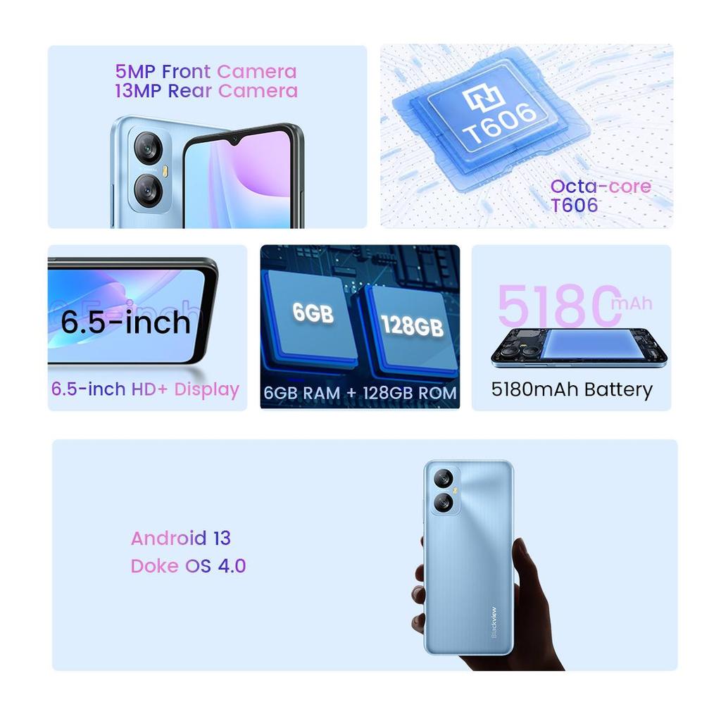 Blackview A52 Pro New Smartphone 4GB 128GB 6.5 Inch Android 13 Cellphone 5180mAh Dual 4G 13MP Rear Cameras Mobile Phone