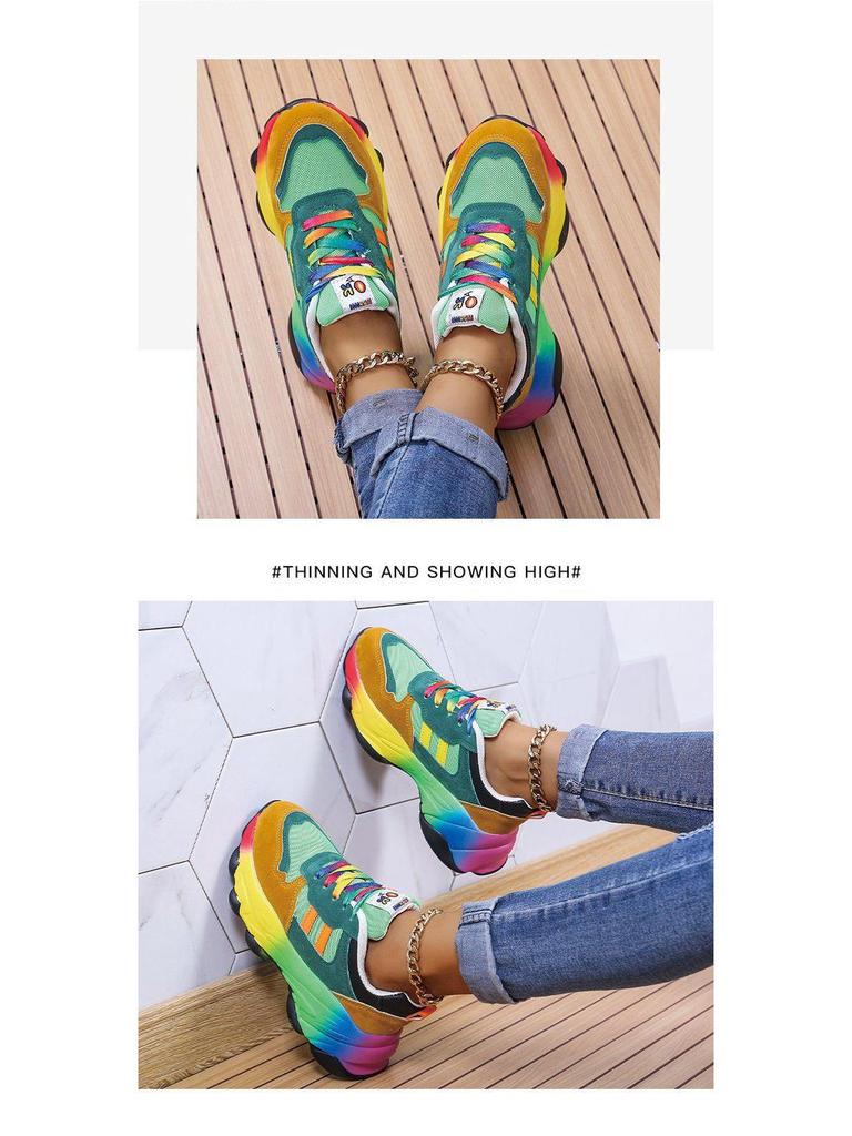 Plus Size Women's Dad Sneakers, Thick Sole, Height-Increasing, Rainbow Trendy, Versatile Mesh Running Shoes (Sizes 35-43)