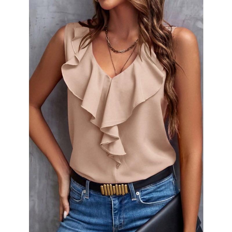 YYFS Women's Fashion Casual Summer Spring Solid Color Print Sleeveless V-Neck Blouses & Shirts