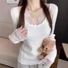 Lace Spliced Knitted Bottoming Shirt Women's Autumn and Winter Top Slim-fitting Collar with White Sweater Inside
