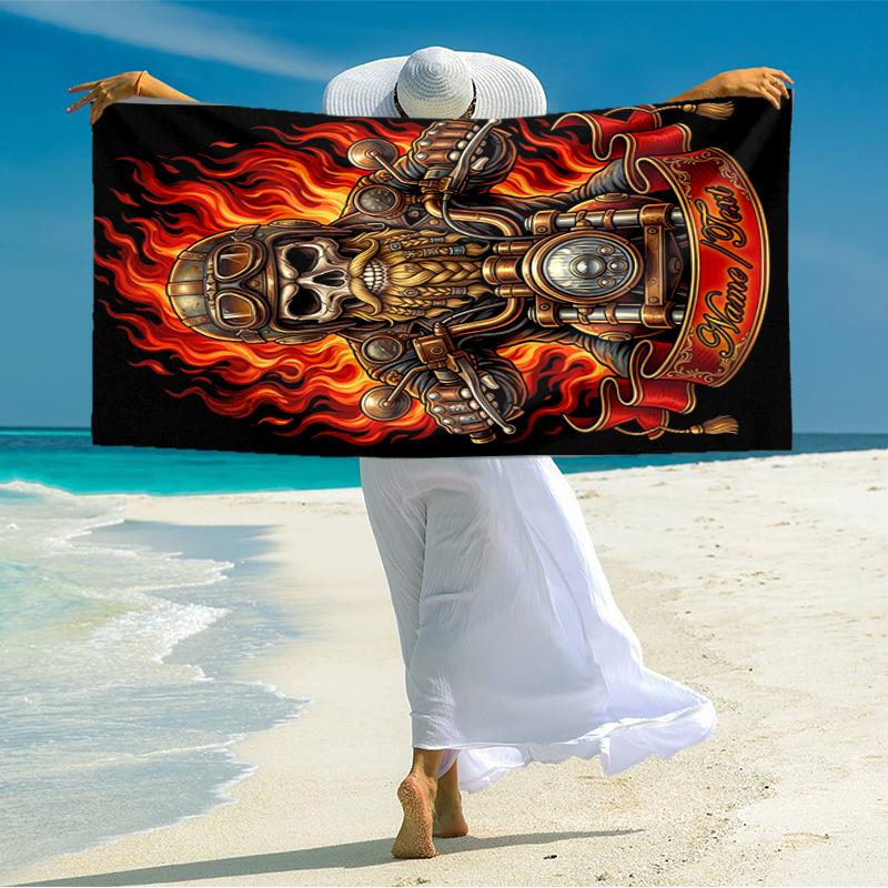 1PC Custom Name Biker Spirit Flames Beach Towel Highly Absorbent And Sand-Resistant Towel for Swimming, Pool, Yoga, And Travel Lightweight