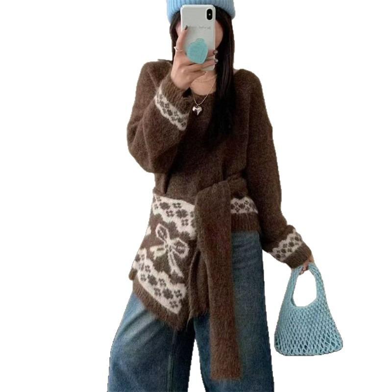 Korean Color Block Shawl Sweater Set: Women's Autumn/Winter Plus Size Slimming Knitwear