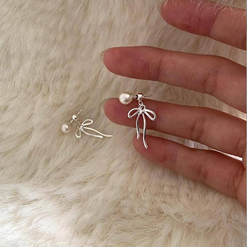 Women's 925 Silver Pearl Ribbon Drop Earrings