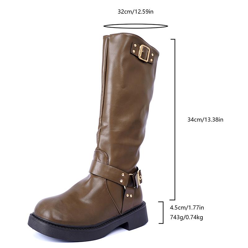 Fashion Buckle Decor Long Knight Boots for Women Autumn Black PU Leather Knee High Boots Woman Plus Size Fashion Riding Botas Mujer 2025