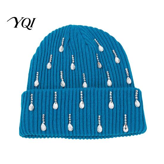 Elastic Skull Cap for Daily Wear Waterdrop Rhinestone Knit Hat, Bling Stretchy Winter Cuffed Knitted Sparkling Hats Women Men Cold Weather Hat
