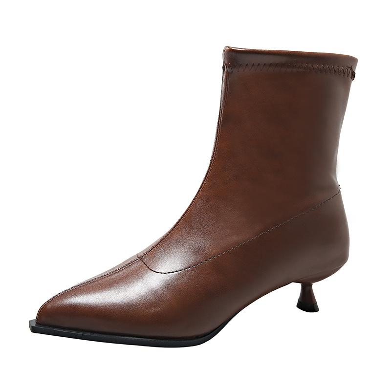 Горячие продажи Французские кожаные ботинки 2025 Осень Новые женские модные одинарные ботинки Острый носок, Тонкий каблук Средний каблук, Ботильоны-чулки