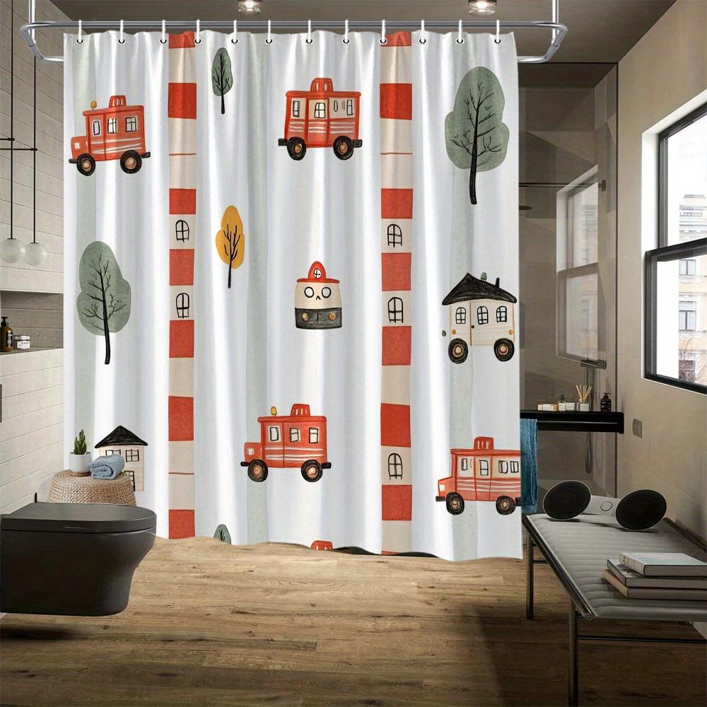 Whimsical Fire Truck Shower Curtain, Red & Green Stripes With Cartoon Trucks & Trees, Fade-Resistant Polyester, Fun Bath Decor