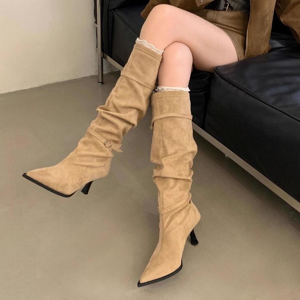 French Fashion Belt Buckle High-heeled Boots 2025 Autumn and Winter New Pleated Piled Boots Pointed Suede Boots Women