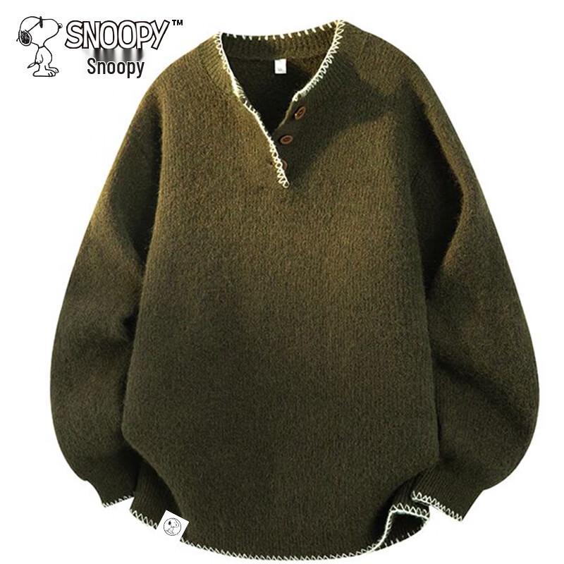 Snoopy Men's Autumn/Winter American Retro Fleece-Lined V-Neck Knit Sweater