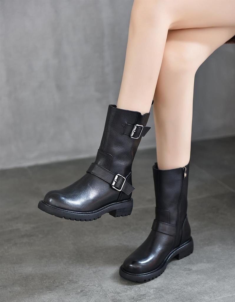 Короткие круглые настоящие боковые низкие западные удобные для ходьбы [ZUYEE] женские ботинки, носок, кожа, молния, ремень, каблук, инженерные, полусапоги, ботинки, в, черном,