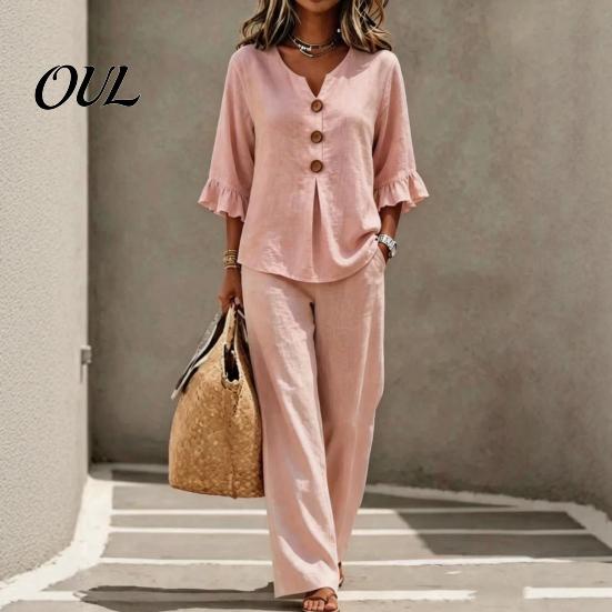 Soft Texture Women Pants Summer 2 Piece Sets for Women, Casual Ruffle 3/4 Sleeve Buttons V Stretchy Waist Neck Top And Wide Leg Matching Set,