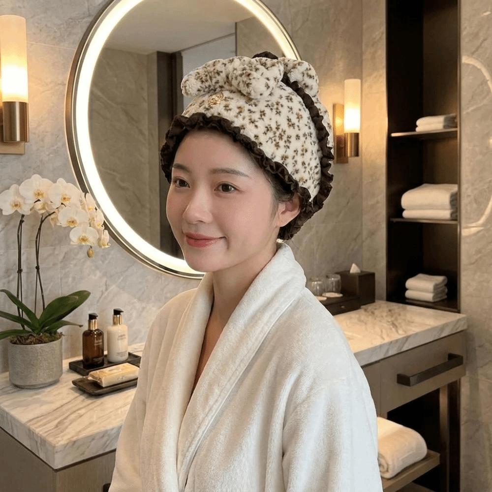Floral Print Shower Cap Coral Fleece Towel Cap Super Absorbent Dry Hair Cap Swimming