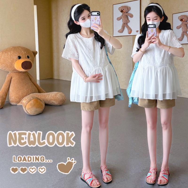 Maternity Summer 2026 Korean Style Embroidered Chiffon Doll Shirt and Belly Support Shorts Set