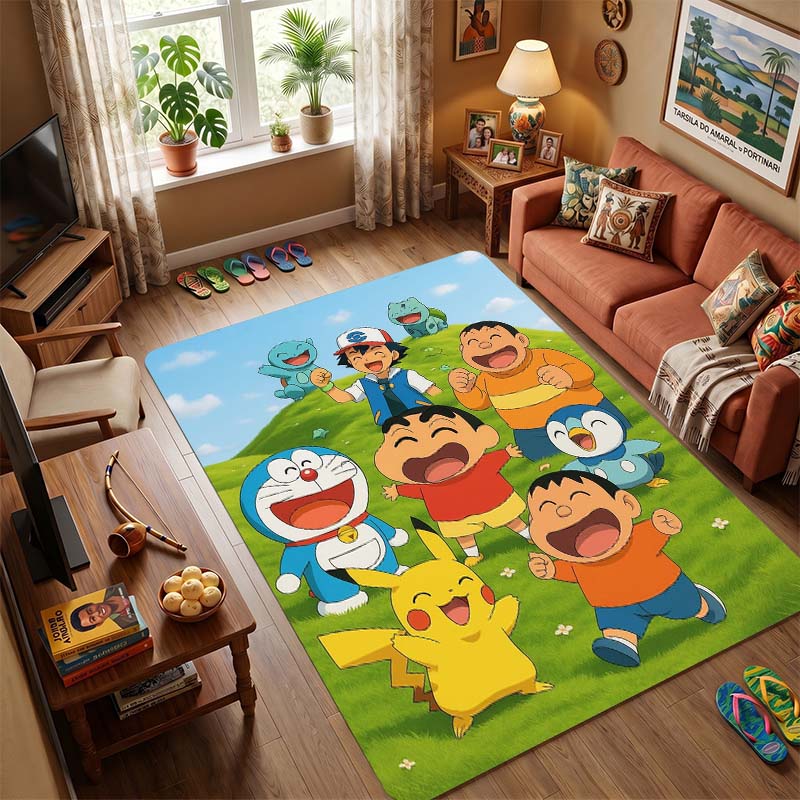 Doraemon & Friends Flying with Bamboo-Copter Area Rug, Non-Slip Floor Mat with Anime Print, Durable Carpet for Kids Bedroom