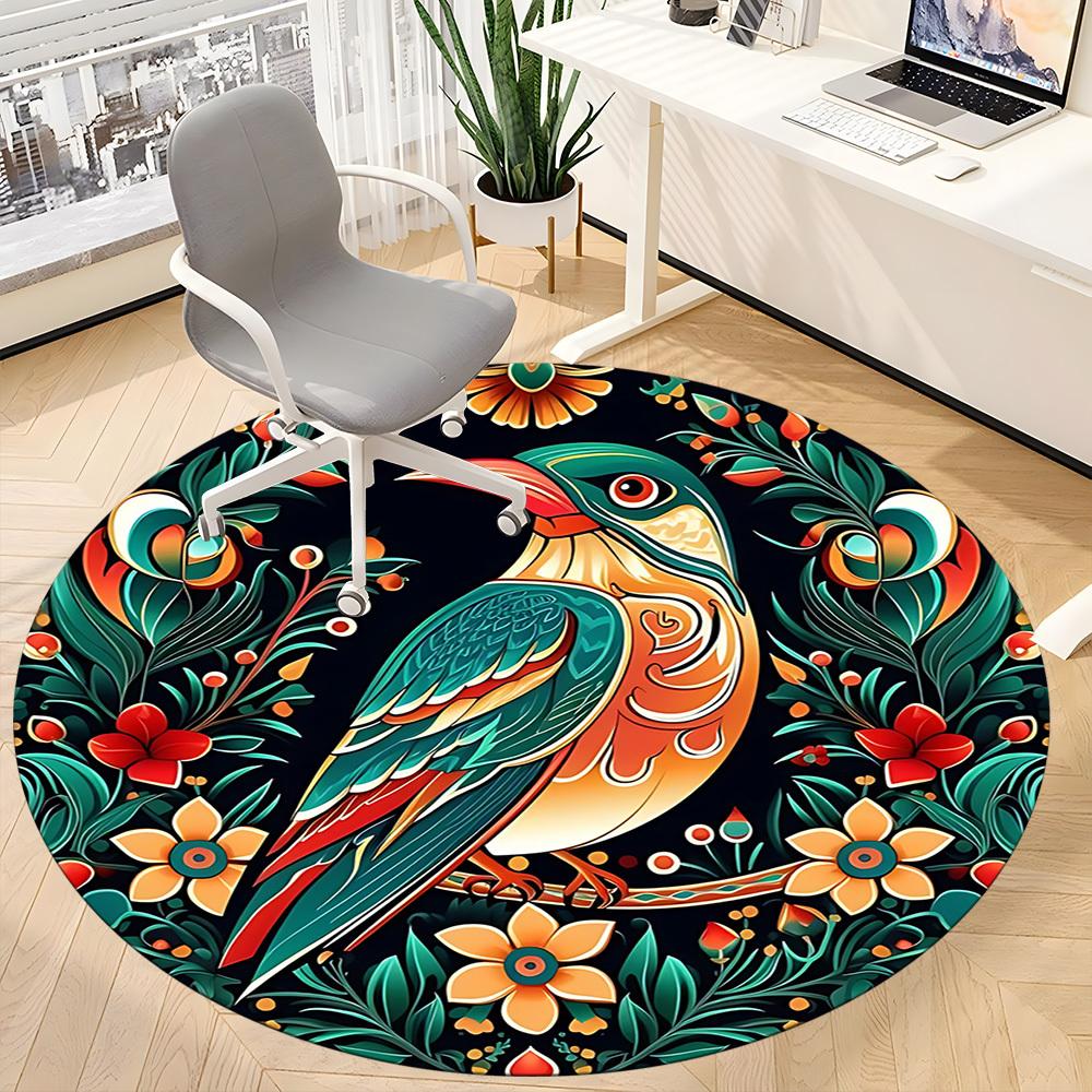 1PC Floral Bird Office Round Area Rug, Mat Suitable For Office, Under Office Chairs Bedroom Living Room Home Decor, Room Deco
