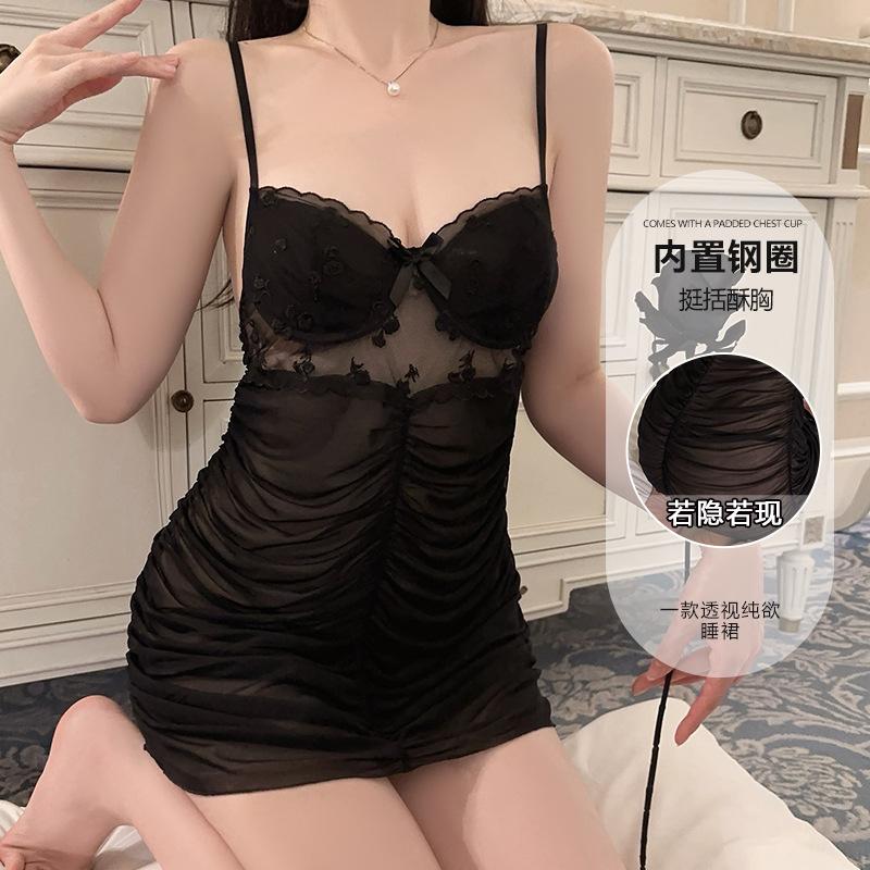 Women's Sheer Mesh Ruched Underwire Sleep Dress Costume Lingerie Set