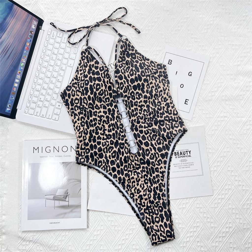 Leopard Metal Rings Halter Cut Out Monokini Women Swimwear One Piece Swimsuit Female High Leg Cut Bather Bathing Suit Swim