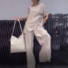 2 Pcs/Set Fall Spring Women T-shirt Pants Set Short Sleeves Round Neck Pleated Top Elastic