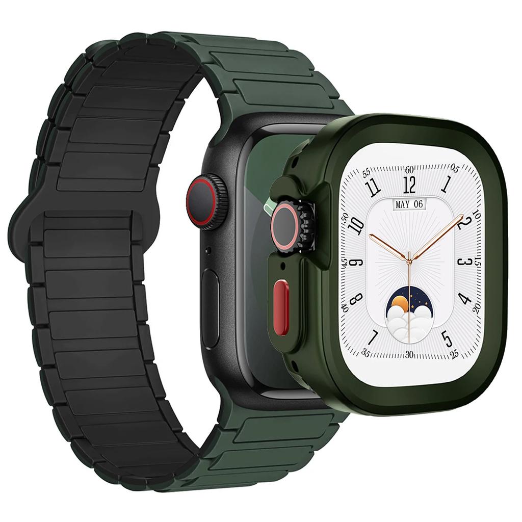 Ремешок+Чехол для Apple Watch Ultra 2 49 42 45 44 S10 46мм Магнитный силиконовый ремешок+чехол для IWatch Series 9 8 7 6 5 4 42мм 40 41мм
