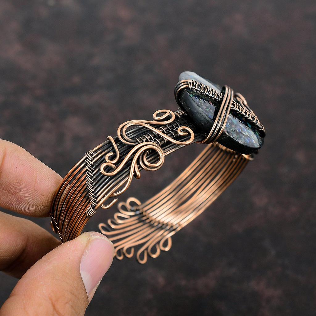 Черный эфиопский опал медный браслет медная проволока обернутая ювелирные изделия регулируемый браслет-манжета ручной работы проволочный браслет драгоценный камень медный браслет