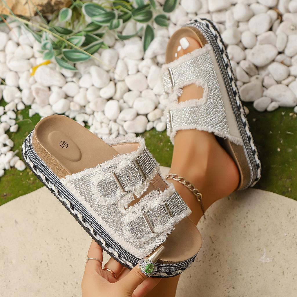 Women's Wide Width Fringe Slides, Double Buckle Platform Sandals, Rhinestone Summer Slippers for Women