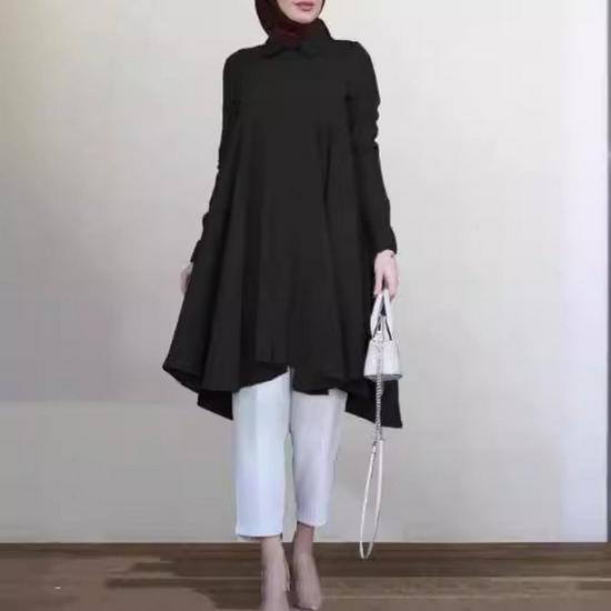In-Stock Muslim Women's Solid Color Lapel Wrap Shirt: Long Sleeve, Button Placket, Swallowtail Hem