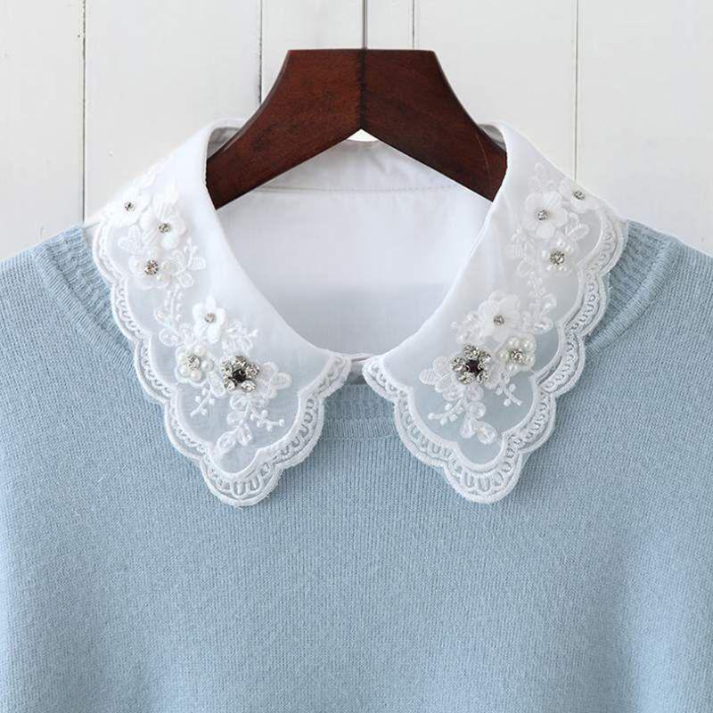 Fashion Imitation Pearl Fake Collar Detachable Dual Mesh Lapel Necklace Women Top Clothes Neckwear Accessories