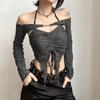 Goth Vintage Mall Gothic Drawstring Women T-shirts 2 Piece Set Y2k Retro Fairy Grunge Camisole Long Sleeve Buckle Crop Tops