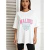 Oversized T Shirt White Malibu Beach Graphic Print With Pink And Blue Text And 73 Logo Summer Casual Wear For Women