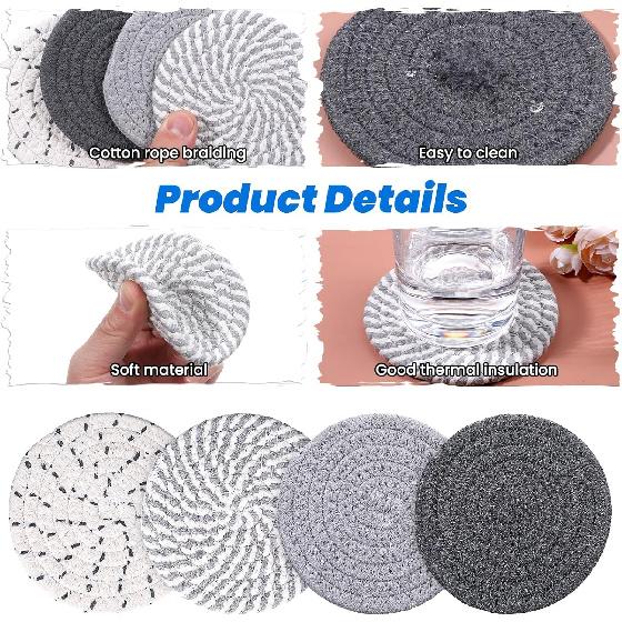 Boho Coasters for Drinks, Cute Woven Coasters 4.13in/10.5cm Minimalist Coaster Set of 4 for Coffee Cups Desk Kitchen Decor Tabletop as House Warming